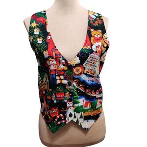 Vintage 111 Main Medium Christmas Nutcracker Santa Toy Print Vest Made USA Cute